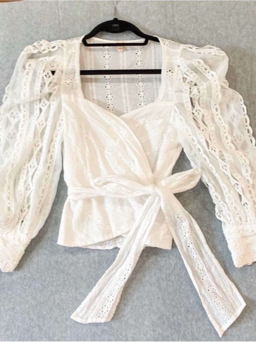 White Eyelet Wrap Blouse with Puff Sleeves and Self-Tie Waist